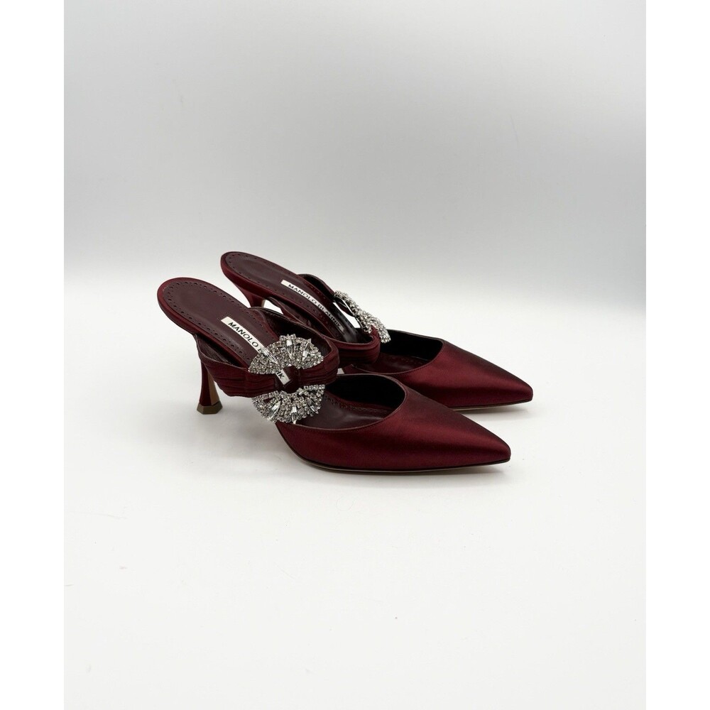 Manolo Blahnik Burgundy Red Satin Maidugur Rhinestone Embellished Mules EU 36.5